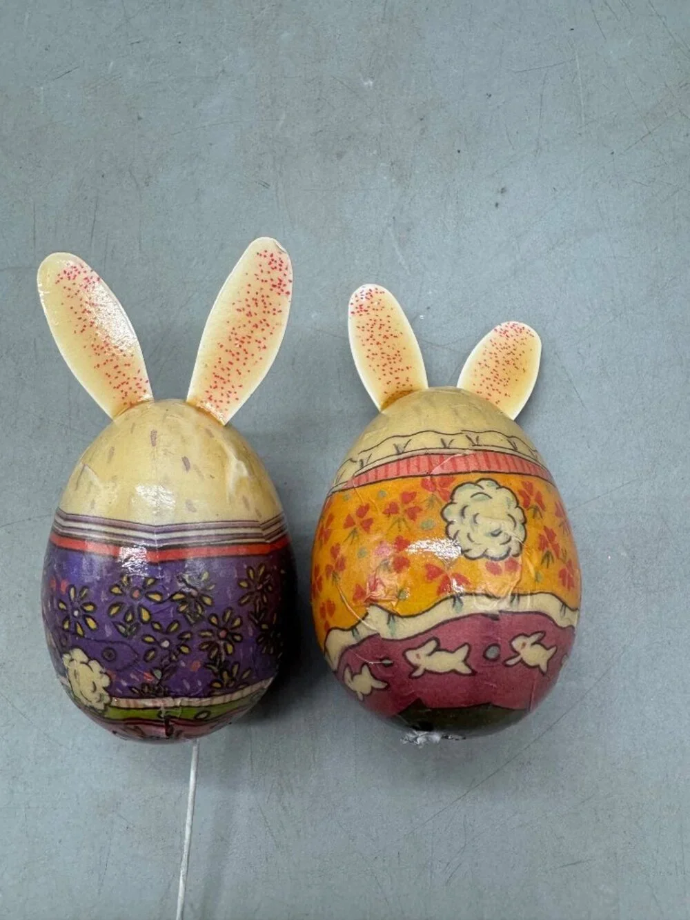 Vintage Holiday Paper Mache Bunny Rabbits Egg Ornament set of 2 READ